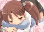  blush brown_eyes brown_hair hair_ornament kantai_collection long_hair no_hat no_headwear pillow pillow_hug primary_stage ryuujou_(kantai_collection) skirt solo twintails 