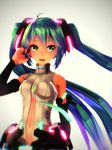  3d aqua_hair bare_shoulders belt elbow_gloves fingerless_gloves gloves green_eyes grey_background hatsune_miku hatsune_miku_(append) highres long_hair mikumikudance navel necktie open_mouth sc simple_background solo twintails very_long_hair vocaloid vocaloid_(tda-type_ver) vocaloid_append 