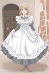 1girl apron apron_dress aska-k blue_eyes dress headdress highres long_dress maid maid_apron original pinafore_dress victorian victorian_maid 