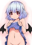  bare_arms bare_shoulders bat_wings blue_hair bottomless breasts collarbone commentary groin heart heart-shaped_pupils looking_at_viewer navel nightgown nightgown_lift no_bra no_panties nyt_(nagane) out-of-frame_censoring red_eyes remilia_scarlet silver_hair small_breasts smile solo symbol-shaped_pupils touhou underboob wings 