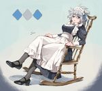  alternate_costume apron blue_eyes breasts chair crossed_legs enmaided frills hana-kagume kosegawa_shiromi large_breasts long_sleeves maid maid_apron maid_headdress mary_janes pantyhose puffy_sleeves ribbon rocking_chair saki shoes short_hair silver_hair sitting skirt solo 