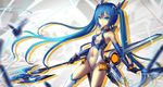  :/ armpits bangs bare_shoulders blue_eyes blue_hair blurry breasts center_opening character_name cowboy_shot depth_of_field elbow_gloves from_side frown gloves groin halterneck highres leotard long_hair md5_mismatch navel ore_twintail_ni_narimasu polearm revealing_clothes shadow small_breasts solo standing tailblue thighhighs twintails very_long_hair wangchuan_de_quanyan weapon white_legwear 