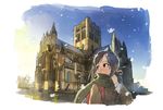  architecture backpack bag black_hair blush brown_eyes building coat efmoe hair_ribbon highres long_hair original ribbon scarf sketch sky snow snowing solo twintails 