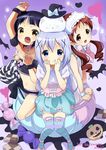  3girls :d :o animal animal_on_head arm_support arm_up artist_name black_hair blue_eyes blush bone bow brown_eyes brown_hair bunny bunny_on_head candy checkerboard_cookie choker claw_pose cookie corset cuffs drill_hair fang food frills ghost girl_sandwich gochuumon_wa_usagi_desu_ka? hair_ornament hairclip halloween hands hands_on_own_cheeks hands_on_own_face hat heart highres jouga_maya kafuu_chino knees_together_feet_apart lavender_background lavender_hair lollipop long_hair mary_janes multiple_girls natsu_megumi navel neki_(wakiko) on_head open_mouth pumpkin ribbon ribbon-trimmed_collar ribbon_choker ribbon_trim sandwiched shaped_lollipop shoes short_hair sitting skirt skull smile standing star striped striped_legwear swimsuit swirl_lollipop symbol_in_eye text_focus thighhighs tippy_(gochiusa) twin_drills watermark witch_hat wrapped_candy x_hair_ornament yellow_eyes 