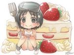  black_eyes black_hair cake chibi diving_mask diving_mask_on_head food food_on_face kantai_collection looking_at_viewer maru-yu_(kantai_collection) oversized_object school_swimsuit short_hair sitting smile solo swimsuit white_school_swimsuit white_swimsuit yumi_yumi 