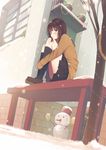  blush brown_eyes brown_hair christmas_lights commentary_request highres house long_hair looking_at_viewer original shinobu_(kobanatu) sitting skirt snow snowing snowman solo tree window 