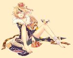  aobe_mahito bandages bird bird_on_leg blonde_hair blush cosplay crown fan gigantic_o.t.n_(vocaloid) hair_ornament james_(vocaloid) kagamine_len kagamine_len_(cosplay) male_focus mini_crown oliver_(vocaloid) otoko_no_ko short_hair sitting solo spread_legs vocaloid 