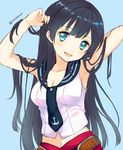  :d agano_(kantai_collection) armpits artist_name bad_id bad_pixiv_id black_hair blue_background blue_eyes breasts cleavage collarbone head_tilt kantai_collection long_hair looking_at_viewer medium_breasts midriff navel nerunnn open_mouth sailor_collar shirt simple_background sleeveless sleeveless_shirt smile solo twitter_username uniform very_long_hair 