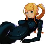  alternate_color blonde_hair bodysuit breasts deviantart_sample green_eyes image_sample lips long_hair lying medium_breasts metroid nose player_2 ponytail samus_aran skin_tight smile solo splashbrush super_smash_bros. zero_suit 