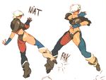  angel_(kof) ass baptiste_pagani blue_eyes boots chaps collage cowboy_boots cropped_jacket fighting_stance fingerless_gloves gloves kicking lowres midriff navel short_hair short_shorts shorts sleeves_rolled_up solo the_king_of_fighters 