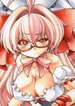  ahoge animal_ears blush bow breasts bunny_ears choker cleavage di_gi_charat fake_animal_ears frown glasses hair_bow hair_ornament large_breasts long_hair marker_(medium) millipen_(medium) pink_hair red_eyes ribbon_choker simple_background slit_pupils solo tears traditional_media uneven_eyes usada_hikaru white_background yutakasan-love 