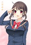  bad_id bad_pixiv_id blush bow breasts brown_hair character_name heart konomi_(yappen) large_breasts long_hair open_mouth original red_eyes salute smile solo yappen 
