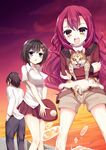  2girls bad_id bad_pixiv_id breasts brown_hair cat highres large_breasts long_hair looking_at_viewer multiple_girls open_mouth original red_hair short_hair shorts skirt smile very_long_hair yappen 