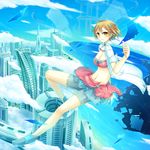  bad_id bad_pixiv_id bike_shorts blonde_hair breasts building city cleavage cloud day flying highres large_breasts looking_at_viewer meiko midriff ocean outdoors sakakidani short_hair shorts shorts_under_skirt skirt sky solo vocaloid yellow_eyes 