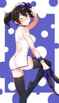  alternate_costume ass back_cutout backless_outfit bare_shoulders black_hair black_legwear blue_gloves blush brown_eyes bun_cover china_dress chinese_clothes dress earrings gloves hair_bun highres jewelry kaga_(kantai_collection) kantai_collection kyuuso_inukami leg_up looking_at_viewer nunchaku one_eye_closed solo thighhighs weapon 
