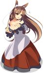  absurdres animal_ears bare_shoulders breasts brooch brown_eyes brown_hair cleavage highres imaizumi_kagerou jewelry large_breasts long_hair long_sleeves miton_(turuyasann) off_shoulder open_mouth shirt skirt solo touhou very_long_hair wide_sleeves wolf_ears 