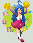  absurdres ahoge arms_up blue_hair bow cheerleader collarbone dress flat_chest glasses green_eyes hair_ribbon hairband highres hiiragi_kagami hiiragi_tsukasa huge_ahoge inset izumi_konata long_hair lucky_star mole mole_under_eye multiple_girls pink_hair pom_poms purple_eyes purple_hair ribbon setsuna22 shoes sneakers socks solo_focus star takara_miyuki yellow_bow 