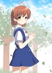  antenna_hair bad_id bad_pixiv_id brown_eyes brown_hair clannad furukawa_nagisa hikarizaka_private_high_school_uniform school_uniform short_hair skirt smile solo yupachi 