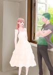  1boy 1girl alternate_costume crossed_arms dress green_hair haramaki kuraigana_island one_piece perona pink_hair roronoa_zoro window 