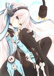  bad_id bad_pixiv_id black_legwear blue_eyes electric_plug hair_ribbon hairband headphones heterochromia knee_to_chest long_hair looking_at_viewer neko_sensha pantyhose phantasy_star phantasy_star_online_2 plug ribbon smile solo very_long_hair white_hair yellow_eyes 