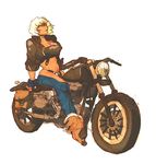  angel_(kof) baptiste_pagani boots breasts chaps cleavage cowboy_boots cropped_jacket fingerless_gloves gloves ground_vehicle large_breasts midriff motor_vehicle motorcycle navel short_hair sitting sleeves_rolled_up solo the_king_of_fighters white_hair 