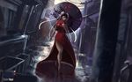  alley alternate_color alternate_costume bare_legs black_hair breasts bun_cover china_dress chinese_clothes chun-li daniel_bogni double_bun dress dutch_angle high_heels highres long_dress medium_breasts oriental_umbrella rain red_dress side_slit sleeveless solo street_fighter umbrella walking 