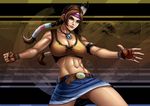  armband bracelet braid breasts brown_eyes brown_hair cleavage clenched_hand denim denim_skirt feathers fingerless_gloves gloves hair_feathers hair_tubes headband jewelry julia_chang large_breasts lips long_hair matt_(ex-mile) midriff native_american navel nose pencil_skirt skirt smile solo tekken toned twin_braids 