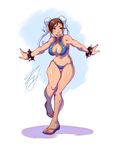  adapted_costume barefoot bikini bracelet breasts brown_eyes brown_hair bun_cover chun-li cleavage double_bun feet francesco_simioni full_body halter_top halterneck highres jewelry large_breasts navel outstretched_arms sandals short_hair simple_background solo spiked_bracelet spikes street_fighter swimsuit thigh_gap thighs toes toned 