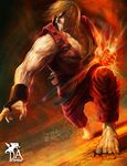  bared_teeth barefoot blonde_hair daniel_aviles dougi eyebrows fire glowing glowing_hand ground_shatter highres ken_masters male_focus muscle solo street_fighter thick_eyebrows 