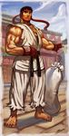  bag black_hair brolo dougi duffel_bag eyebrows facial_hair full_body headband highres male_focus muscle ryuu_(street_fighter) solo street_fighter street_fighter_iii_(series) stubble thick_eyebrows toes 