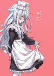  alternate_costume apron blue_eyes blush bow enmaided hair_bow hibiki_(kantai_collection) kantai_collection long_hair long_sleeves looking_at_viewer maid matsuryuu pantyhose red_background silver_hair simple_background solo translated waist_apron white_legwear 