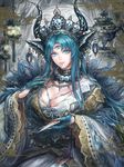  animal_ears bad_id bad_pixiv_id blue_eyes blue_hair breasts claws cleavage dagger earrings eyeball feathers hair_ornament horns jewelry lantern large_breasts long_hair looking_at_viewer monster_girl necklace original shinomaru skull_hair_ornament solo third_eye urn weapon 