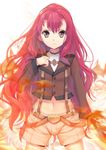  &gt;:( bad_id bad_pixiv_id fire frown kurimu_(yappen) long_hair looking_at_viewer midriff navel original red_hair shorts simple_background solo v-shaped_eyebrows white_background yappen 