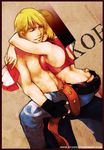  1girl ass ass_grab baseball_cap blonde_hair blue_eyes blue_mary breast_press breasts butt_crack couple diana_jakobsson eyebrows fingerless_gloves gloves grabbing_another's_ass groping hat hat_removed headwear_removed hetero hug large_breasts lifting_person midriff shirtless short_hair straddling terry_bogard the_king_of_fighters upright_straddle 