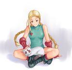  animal blonde_hair blue_eyes braid breasts cammy_white cat cat_focus ernest_ow_tar_hoay fingerless_gloves gloves green_leotard indian_style leotard long_hair medium_breasts no_hat no_headwear petting scar sitting solo street_fighter twin_braids 