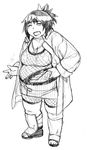  1girl artist_request belly belly_grab blush breasts cleavage eyes_closed fat fishnets forehead_protector full_body headband jewelry lips mitarashi_anko monochrome naruto necklace nekomata_naomi open_mouth short_hair sketch skirt solo standing thick_thighs thighs 