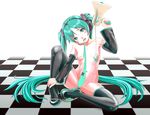  1girl checkered checkered_floor convenient_censoring hatsune_miku long_hair looking_at_viewer necktie noobcake solo twintails vocaloid 