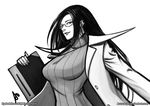  accuracy0 book breasts earrings glasses greyscale jewelry justice_gakuen labcoat large_breasts lips long_hair minazuki_kyouko monochrome nose ribbed_sweater semi-rimless_eyewear shiritsu_justice_gakuen smile solo sweater turtleneck under-rim_eyewear watermark web_address 