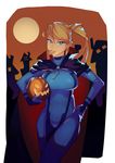  blonde_hair blue_eyes bodysuit breasts candy cape food food_in_mouth halloween hand_on_hip highres jack-o'-lantern large_breasts lollipop long_hair metroid ponytail samus_aran skin_tight solo splashbrush super_smash_bros. swirl_lollipop zero_suit 