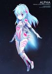  2014 absurdres alpha_(acerailgun) android artist_name blue_eyes blue_hair borrowed_character breasts character_name full_body hair_ornament hairclip highres long_hair multicolored multicolored_eyes original outstretched_arms pink_eyes robot_joints seochan small_breasts smile solo space watermark web_address 