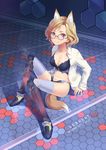  animal_ears black-framed_eyewear blonde_hair blue_legwear breasts earrings fox_ears fox_tail glasses highres jewelry looking_at_viewer medium_breasts navel open_clothes open_shirt original red_eyes round_eyewear salmon88 shirt short_hair sitting solo tail thighhighs 