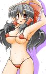  armpits arms_up bikini black_hair bow breasts covered_nipples hair_bow hakurei_reimu highres large_breasts long_hair micro_bikini red_eyes seisei solo swimsuit touhou 