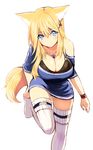  adjusting_clothes adjusting_legwear animal_ear_fluff animal_ears bangs bare_shoulders blonde_hair blue_dress blue_eyes blush breasts cleavage closed_mouth dress eyebrows_visible_through_hair fox_ears fox_girl fox_tail futaba_aoi hair_between_eyes hair_ornament hairclip heart heart_hair_ornament jewelry large_breasts long_hair looking_at_viewer naomi_(sekai_no_hate_no_kissaten) no_shoes original pendant ribbed_legwear shoes short_sleeves simple_background solo standing standing_on_one_leg tail thighhighs very_long_hair white_background white_legwear 