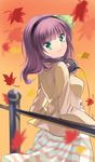  angel_beats! autumn ayumu_(tobihanerusora) beats_by_dr._dre brand_name_imitation green_eyes hairband headphones leaf purple_hair short_hair smile solo yuri_(angel_beats!) 