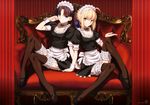  absurdres ahoge apron artoria_pendragon_(all) black_hair black_legwear blonde_hair breasts choker cleavage fate/stay_night fate_(series) feet_on_chair frilled_legwear garters green_eyes hair_ribbon highres leg_up long_legs looking_at_viewer maid maid_headdress medium_breasts multiple_girls official_art ribbon saber scan sitting smile takeuchi_takashi thighhighs toosaka_rin twintails two_side_up wrist_cuffs zettai_ryouiki 