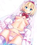  alice_margatroid ass_visible_through_thighs blonde_hair blue_eyes blush bow bowtie bra breasts bridal_veil cameltoe capelet covered_nipples cowboy_shot dutch_angle ebi_193 elbow_gloves feathers front-tie_top gloves groin hairband head_wreath looking_at_viewer medium_breasts navel panties pink_bra pink_gloves pink_panties short_hair skirt skirt_lift smile solo thighhighs touhou underboob underwear veil white_legwear 