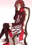  blush brown_hair chair dress flower gradient gradient_background hair_flower hair_ornament highres kagerou_project kent long_hair red_eyes red_footwear red_scarf rose scarf shoes simple_background sitting solo striped tateyama_ayano thighhighs vertical_stripes 