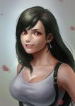  black_hair blurry breasts cleavage depth_of_field earrings final_fantasy final_fantasy_vii highres jewelry large_breasts long_hair red_eyes skyfiss smile solo tank_top tifa_lockhart upper_body 