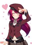  ^_^ bad_id bad_pixiv_id blush closed_eyes facing_viewer hat heart kurimu_(yappen) long_hair navel original red_hair salute smile solo yappen 