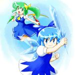  barefoot bow cirno commentary_request crystal_sword daiyousei hair_bow kunai multiple_girls nitamago sword touhou weapon 